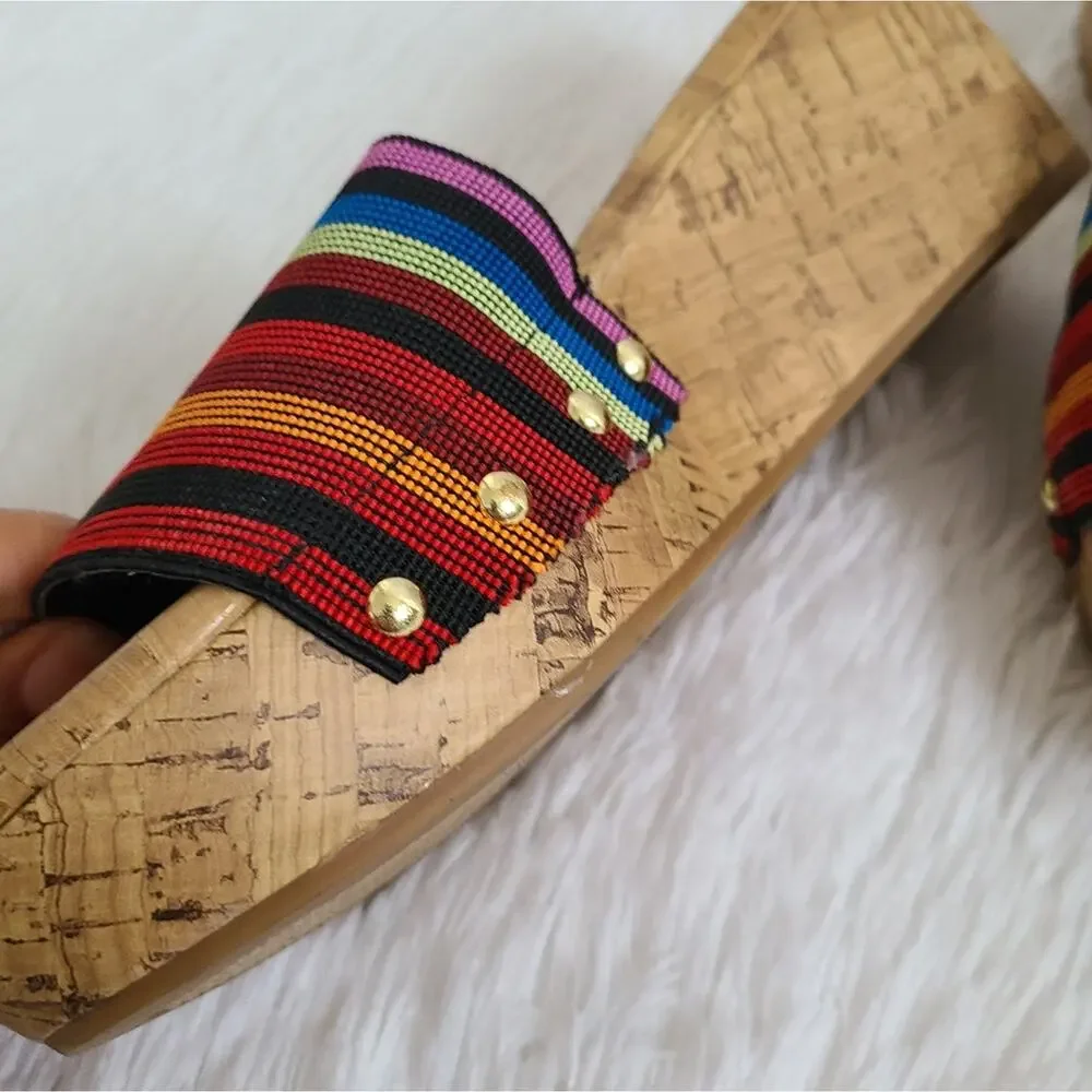 Avenue Greta Y2K Colorful Cork Wedge Heeled Flip Flops Size 10W